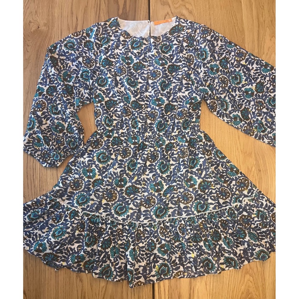 Oliphant Napa Flirty Mini Dress Blue Multi with Gold Sparkle Boho Chic Size M
